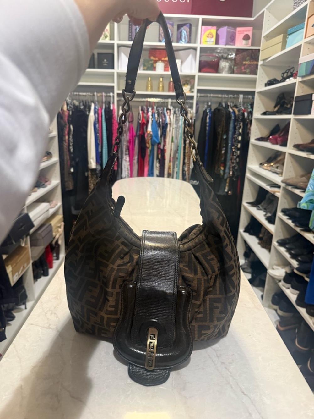Fendi Tobacco Zucca canvas "B Buckle" hobo bag featuring brown leather i. EUC - Picture 3 of 12